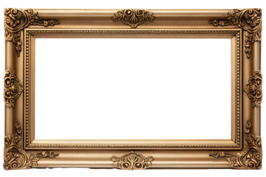 A vintage rectangle picture frame with a blank canvas with white background isolated PNG