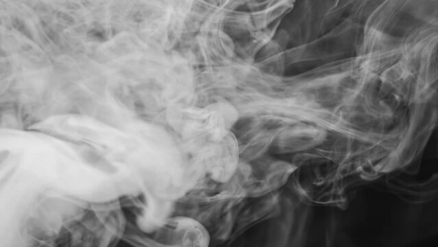 Smoke texture. Vapor cloud. Dry ice. White transparent smog exhaust motion on dark black copy space abstract background.