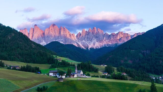 Sunset Over Mountains and Village, Time-Lapse, Val Di Funes, Dolomites, Italy, 4K