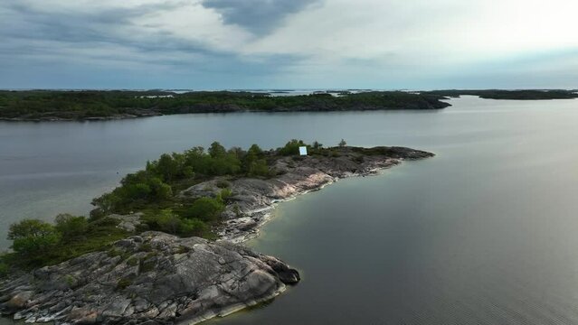 Aerial view around the cabin on the Stubbo barsskar island, in Saaristomeri, Finland