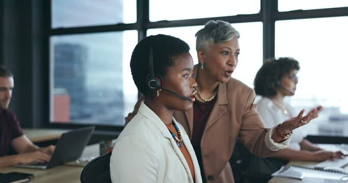Call center, consulting and training with black woman in office for communication, contact us and customer service. Help desk, support and telemarketing with employee for sales, advisor and coaching