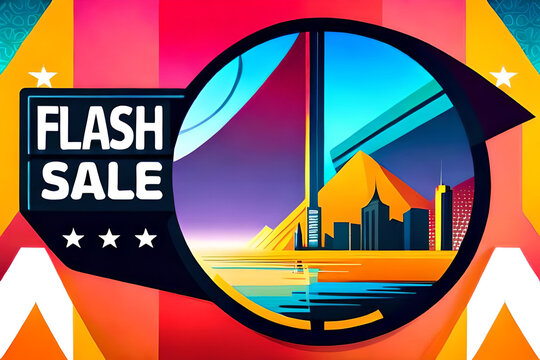 abstract illustration for sale concept, banner for black friday or any other sale event done in 90s style, bold vivid colours, nostalgia vibes created with generative ai technology