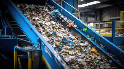 An industrial plant dedicated to sorting and processing plastic and paper waste. A waste processing machine