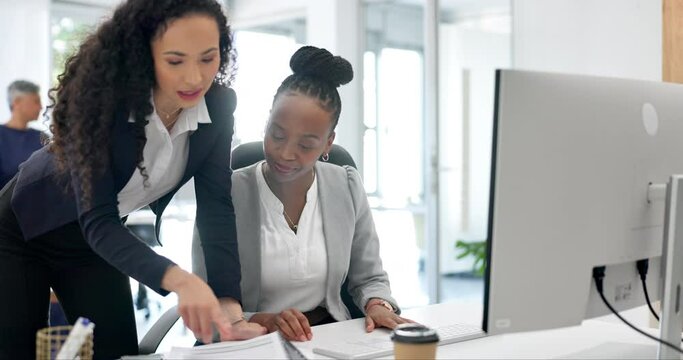 Documents, teamwork and business women collaboration on financial portfolio, account bookkeeping or economy research. Administration accountant, conversation and team discussion on bank admin data