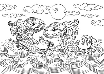 Dragon fish with wave background.