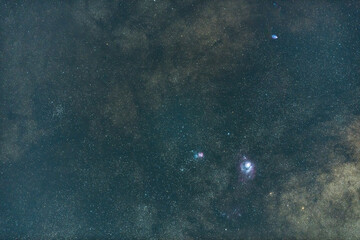The stars at night with the Lagoon and Trifid Nebulae in the Milky Way