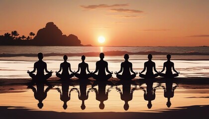 Silhouettes of group meditating at beach yoga retreat during sunset