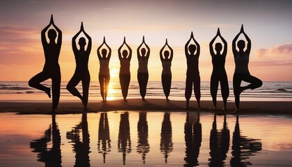Silhouettes of group meditating at beach yoga retreat during sunset