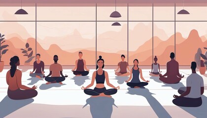 Group meditation in yoga studio with breath exercise