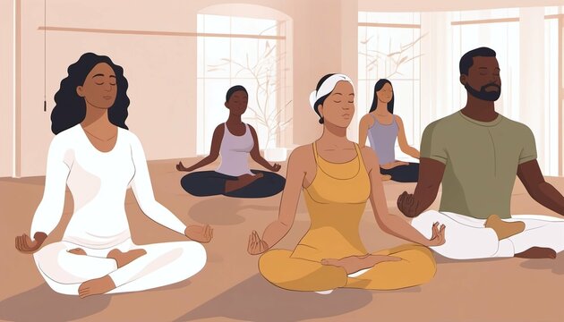 Group meditation in yoga studio with breath exercise