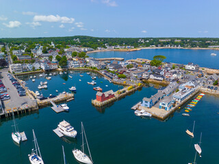 Rockport Harbor aerial view including Bearskin Neck and Motif Number 1 building in historic...