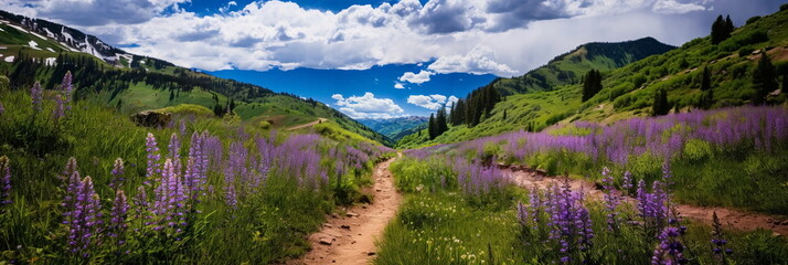  beautiful mountain , trail ,red yellow lilac white wildflowers, blue sky with big fluffy clouds, summer bright colorful landscape in Greece