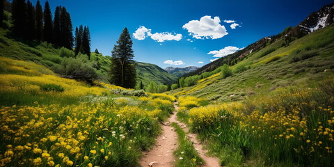  beautiful mountain , trail ,red yellow lilac white wildflowers, blue sky with big fluffy clouds, summer bright colorful landscape in Greece