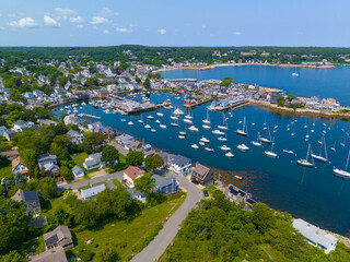 Rockport Harbor aerial view including Bearskin Neck and Motif Number 1 building in historic...