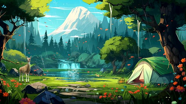 Anime video camping in the mountain, with nature view background, bonfire, river, flowers, forest, waterfall, cartoon style 