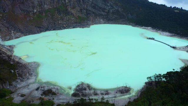 Aerial View Of Kawah Putih, White Crater Lake In Mount Patuha, Bandung, West Java, Indonesia.