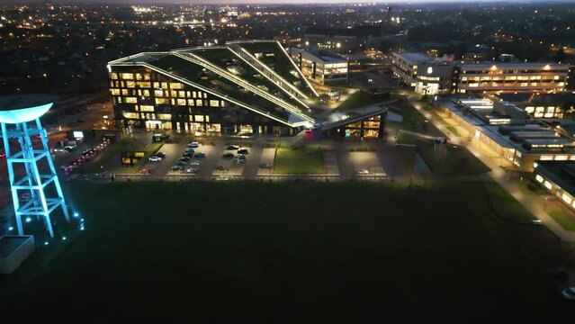 Aerial view of Corda Campus at night in Hasselt.