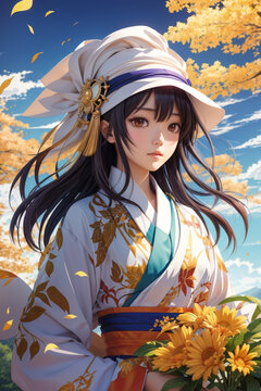 Art painting Beautiful Japanese woman in traditional Japanese dress