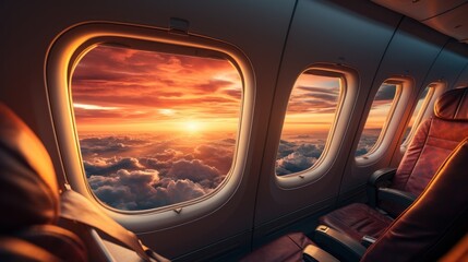 Fototapeta premium beautiful sunset sky above the Plane flying view from inside the plane of the journey.