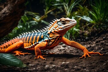 Fototapeta premium Vibrant orange lizard rests on dark soil surrounded by dense jungle foliage for wildlife content.