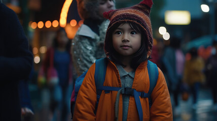 Obraz premium Children adorned in captivating Halloween costumes, walking together on the streets