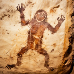 Simulated Cave Painting of Ancient Bipedal Humanoid Ancestor or Relative - obrazy, fototapety, plakaty