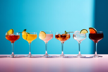 Composition with alcohol cocktails on coloured background with harsh shadows. Trendy concept cocktail menu. Set of cocktails on blue background. Bartender cocktails in minimal modern style