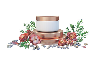 Obraz na płótnie Canvas 3D render jar cream on the exhibition podium decorated with flowers.
