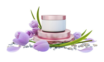 3D render jar cream on the exhibition podium decorated with flowers.
