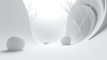 White trees and spheres in a white world of gypsum abstract wavy shapes for mocap