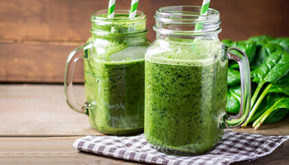 Healthy green smoothie with spinach in a jar mug with checkered cloth against wood
