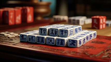 Close-up of a Mahjong tile set
