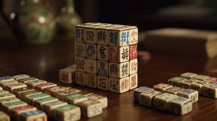 Close-up of a Mahjong tile set