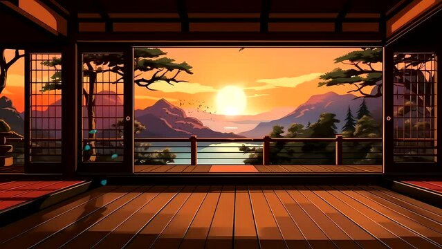 Balcony house japanese with outdoor view sunset, cherry blossom, sakura, fuji mount, lake beautiful background video footage