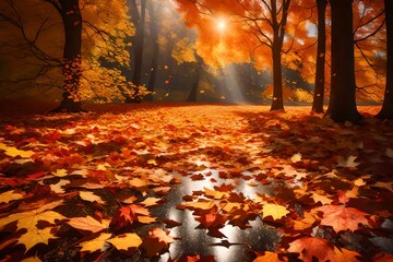 Colorful autumn leaves on the ground. Nature scene. Fall composition. 3d render illustration 