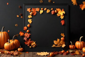 Signboard mockup or template with copy space on exterior. Black menu board with autumn holiday decoration. Welcome signboard mockup with pumpkins. 3d render illustration