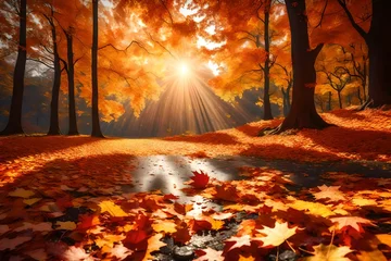 Gordijnen Colorful autumn leaves on the ground. Nature scene. Fall composition. 3d render illustration © sania
