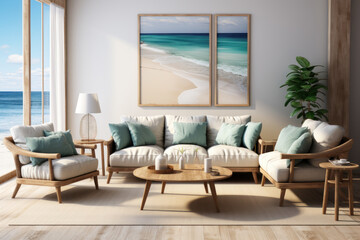 Coastal living room 2 sets of beige rattan-frame

