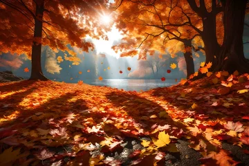 Fotobehang Colorful autumn leaves on the ground. Nature scene. Fall composition. 3d render illustration © sania