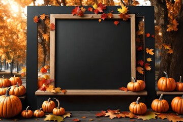 Signboard mockup or template with copy space on exterior. Black menu board with autumn holiday decoration. Welcome signboard mockup with pumpkins. 3d render illustration