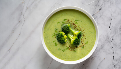 Creamy broccoli soup in a white bowl, overhead view on white granite background