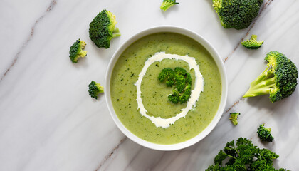 Creamy broccoli soup in a white bowl, overhead view on white granite background
