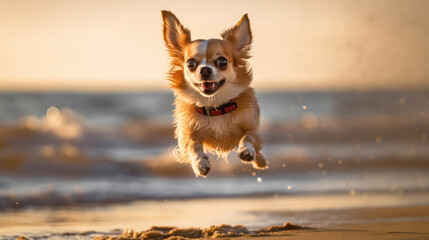 Сlose up photo of a Chihuahua dog Jumping to the beach
