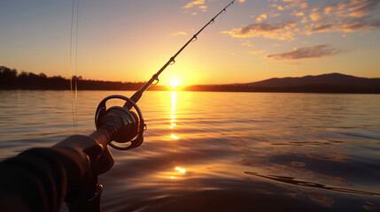 Closeup fishing rod in hand at sunrise on lake