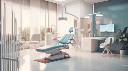 Fototapeta na wymiar A modern dental practice interior, featuring an ergonomic dental chair and state-of-the-art technology