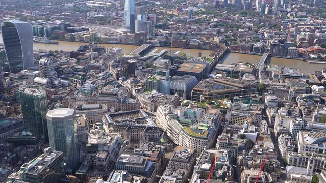 Aerial view of the Bank of England, Mansion House, Royal Exchange and the Bloomberg Centre, London, UK.