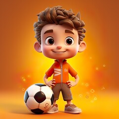 cute happy adorable boy with soccer 3d character isolated on solid orange background generative ai