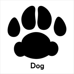 Dog paw print. Animal track black and white silhouette. Pet footprint flat vector illustration