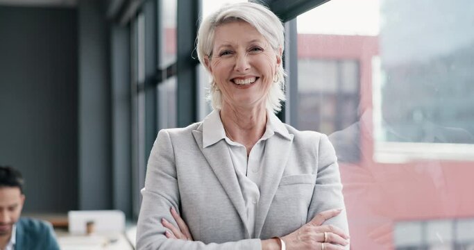 Mature woman, face and arms crossed by window in office for management, about us and professional law firm. Portrait, smile and confident lawyer in attorney consulting workplace with legal leadership