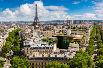 Panoramic aerial view of Eiffel Tower and Paris from Arc de Triomphe, France